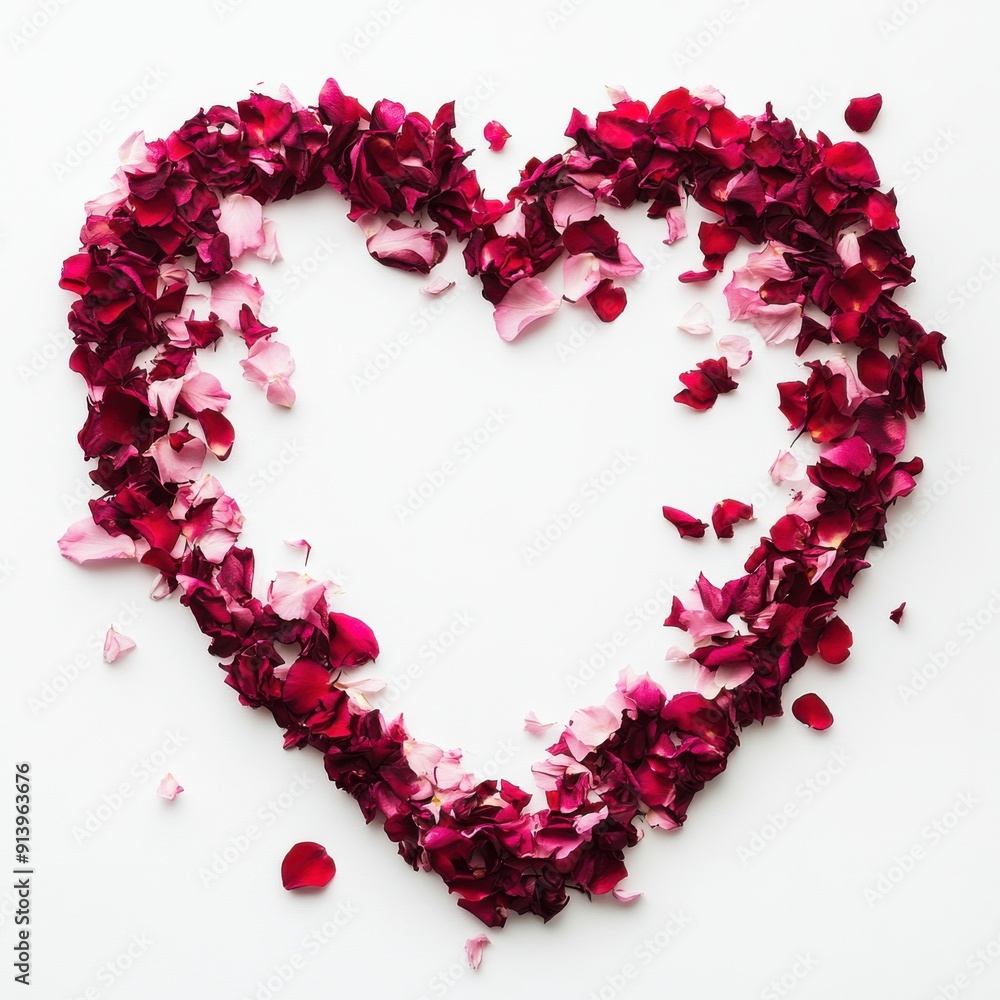 Heart shape made of pink and red rose petals on white background. Heart shape made of pink and red rose petals on white background.