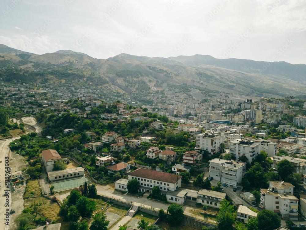 Obraz premium A view from the castle towards the center of the city of Gjirokaster, Albania in summertime