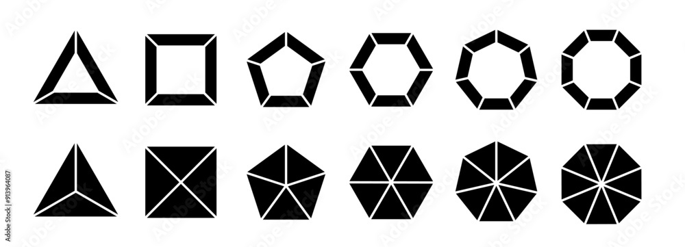 Segmented diagrams of geometric figures such as triangle, square, pentagon, hexagon, heptagon and octagon. Vector illustration Segmented diagrams of geometric figures such as triangle, square, pentagon, hexagon, heptagon and octagon. Vector illustration