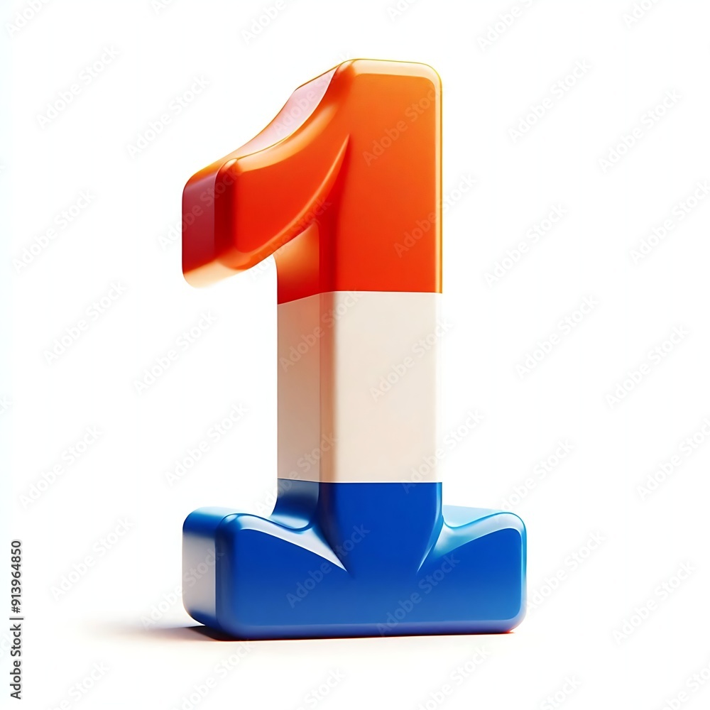 Fototapeta premium A colorful number 1 with a red, blue, and white stripe. The number is made of three different colors, which gives it a fun and playful appearance isolated on white background
