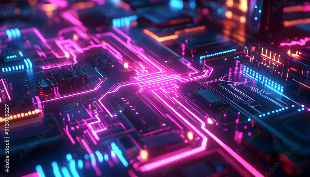 Advanced Tech Concept with Microchip and Neon Data Flows, 3D Render Advanced Tech Concept with Microchip and Neon Data Flows, 3D Render