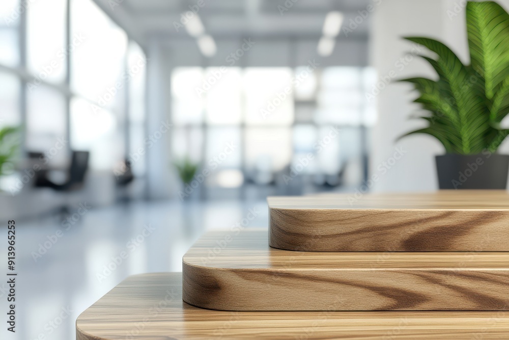 Three wooden platforms with a blurred background of a modern office space with large windows and greenery. Three wooden platforms with a blurred background of a modern office space with large windows and greenery.