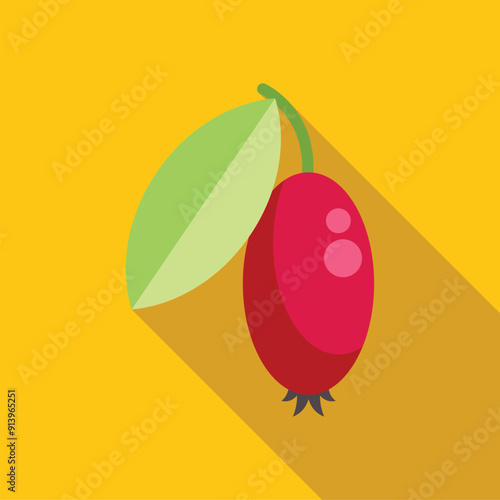 Ripe red dogwood berry hanging from a branch with a green leaf in flat design style