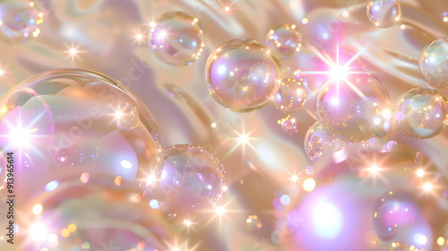 Panoramic banner with colorful flying soap bubbles. Fascinating light airy spheres with rainbow surface in pink light