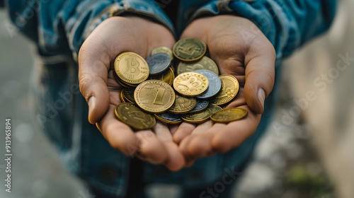 Hand holding various euro coins against a gray background, showing financial stability and wealth.