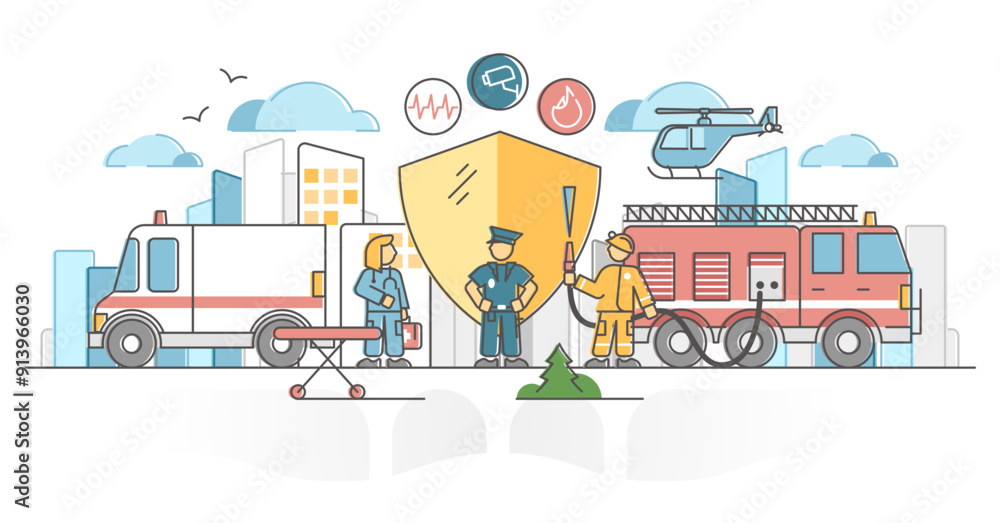 Fototapeta premium Public safety protection by police, ambulance and firefighter outline concept, transparent background. Emergency help service crew together on city accident illustration.