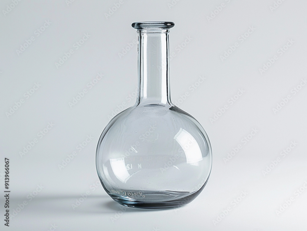 Clear Glass Laboratory Flask Sitting on a White Surface With Soft Lighting Clear Glass Laboratory Flask Sitting on a White Surface With Soft Lighting