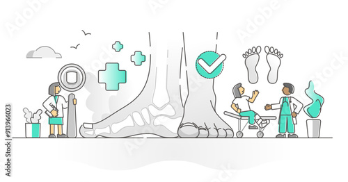 Podiatry health medicine with feet and ankle doctor monocolor outline concept, transparent background. Extremity limbs pathology and inspection after trauma injury illustration.