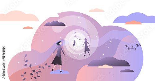 Near death experience concept, flat tiny person illustration.