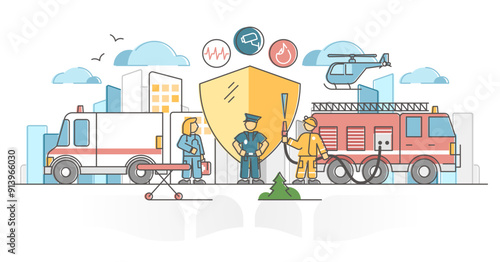 Public safety protection by police, ambulance and firefighter outline concept, transparent background. Emergency help service crew together on city accident illustration.