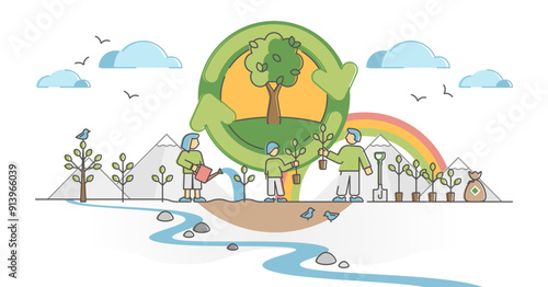 Reforestation as planting trees to protect green environment outline concept, transparent background. Earth protection of global warming.