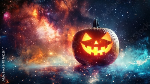 Glowing spooky Halloween pumpkin flying in space photo