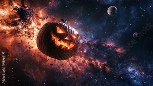 Glowing spooky Halloween pumpkin flying in space photo