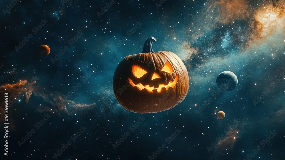 Fototapeta premium Glowing spooky Halloween pumpkin flying in space