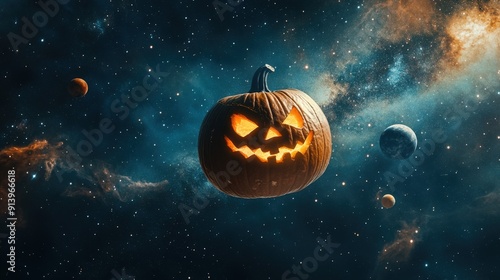 Glowing spooky Halloween pumpkin flying in space photo