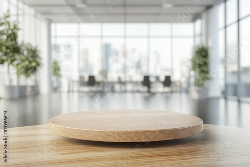 Wooden round platform on table, blurred modern office background.