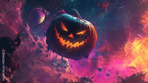 Glowing spooky Halloween pumpkin flying in space photo