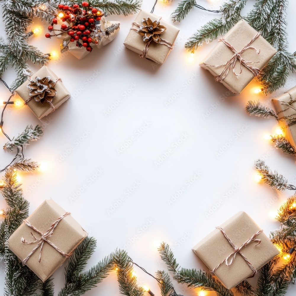 A frame adorned with Christmas decorations set against a paper background A frame adorned with Christmas decorations set against a paper background