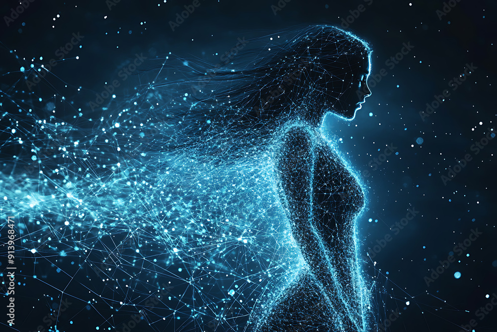 An abstract digital background banner showcasing the face of artificial intelligence with connecting data points in blue and black colors. An abstract digital background banner showcasing the face of artificial intelligence with connecting data points in blue and black colors.