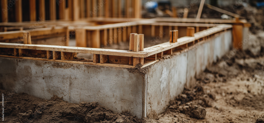 Construction Site Foundation Being Prepared With Wooden Framework at an Early Morning Hour Construction Site Foundation Being Prepared With Wooden Framework at an Early Morning Hour