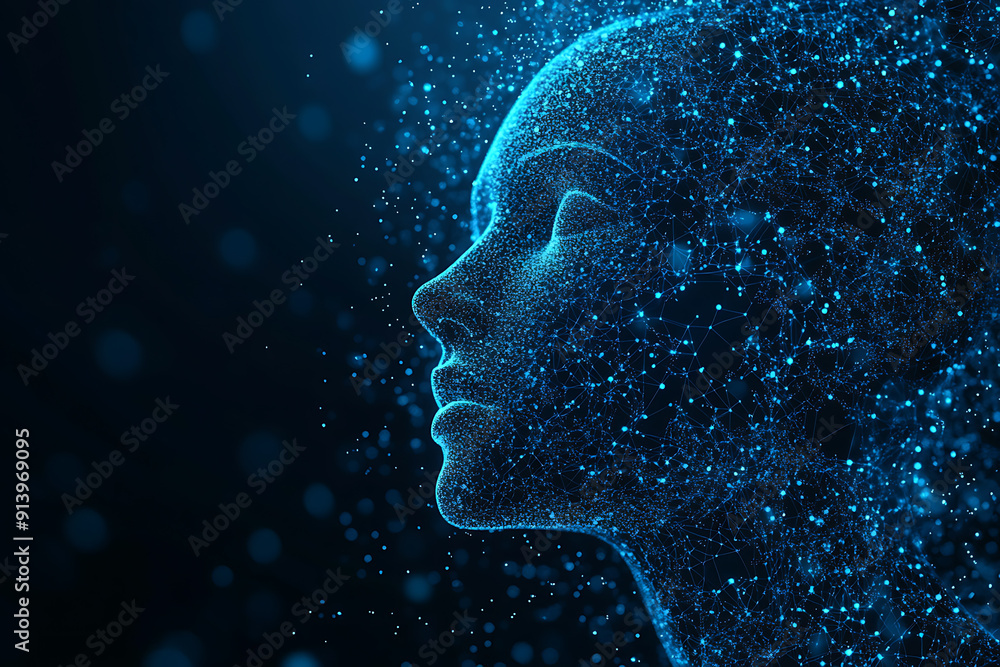 An abstract digital background banner showcasing the face of artificial intelligence with connecting data points in blue and black colors An abstract digital background banner showcasing the face of artificial intelligence with connecting data points in blue and black colors