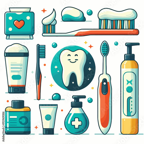 teeth cleaning equipment, brushes, toothpaste isolated on element set flat illustration 