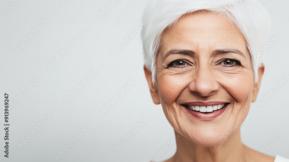 An Indian woman with wrinkled skin and short white hair smiling against a light gray background, emphasizing skin issues, wrinkles, aging signs An Indian woman with wrinkled skin and short white hair smiling against a light gray background, emphasizing skin issues, wrinkles, aging signs