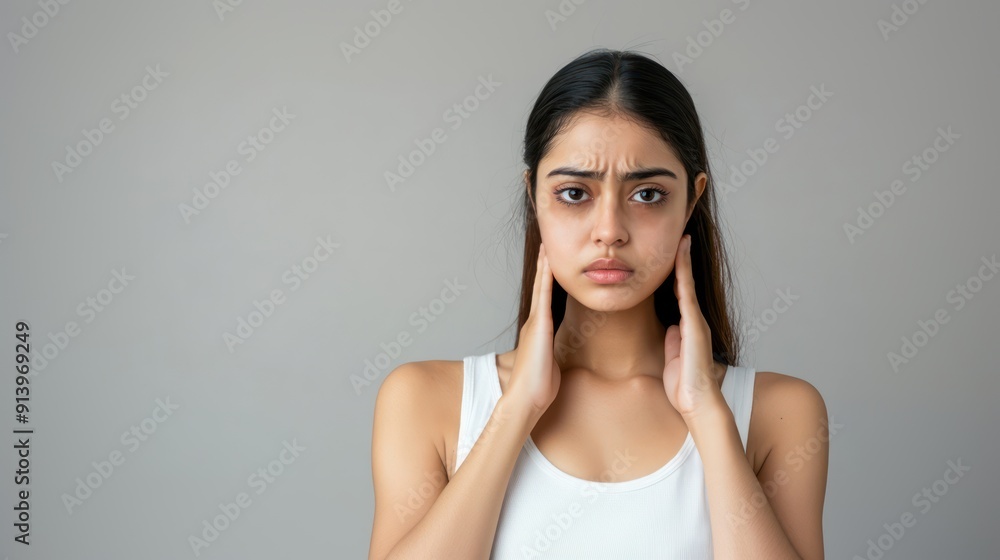 An Indian woman with eye bags touching her face isolated on a gray background, highlighting skin issues, dark circles, facial care An Indian woman with eye bags touching her face isolated on a gray background, highlighting skin issues, dark circles, facial care