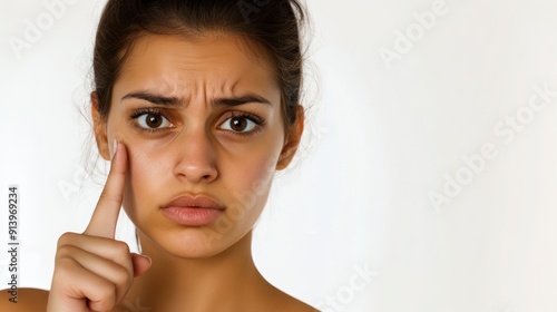 Indian woman with dark circles under her eyes pointing to the left side of her face against a white background, highlighting skin issues, eye bags, facial concerns
