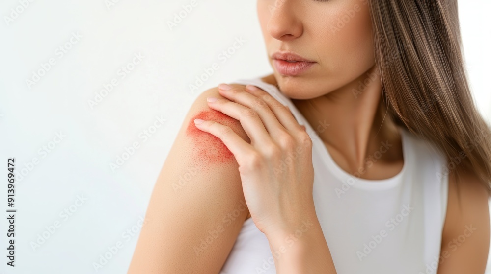 Woman hand touching rashes on her arm, focusing on skin irritation and discomfort, dermatological concern, personal care Woman hand touching rashes on her arm, focusing on skin irritation and discomfort, dermatological concern, personal care