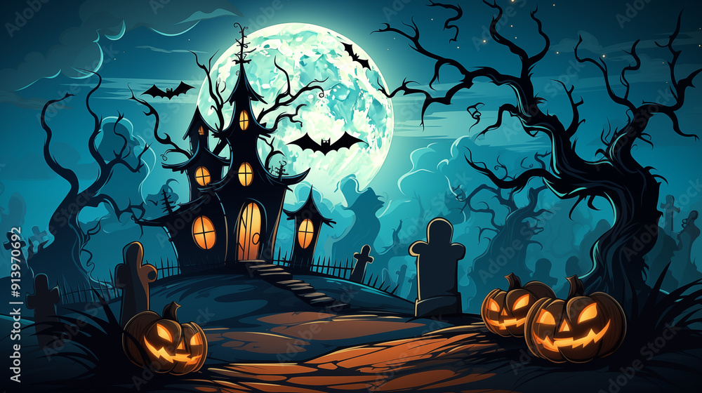 Haunted House On Hill With Full Moon Bats Flying And Jack O Lanterns ...