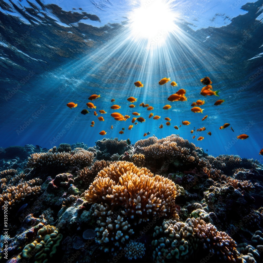 Naklejka premium Vibrant underwater scene showcasing coral and colorful fish illuminated by sun rays, highlighting the beauty of marine ecosystems.