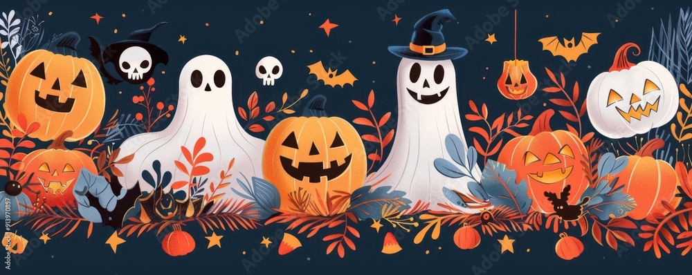 Halloween illustration with jack-o-lanterns, ghosts, and spooky elements in a festive autumn setting. Halloween illustration with jack-o-lanterns, ghosts, and spooky elements in a festive autumn setting.