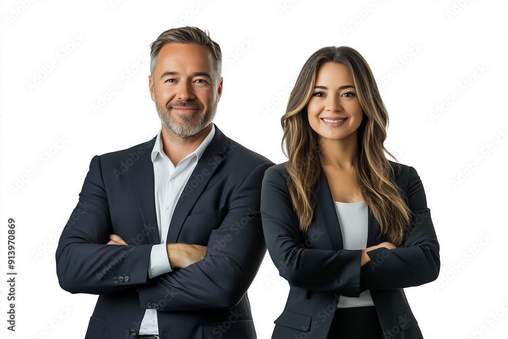 Mature Business Man and Young Business Woman in Formal Attire, Standing with Arms Crossed Mature Business Man and Young Business Woman in Formal Attire, Standing with Arms Crossed