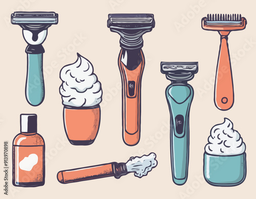 shaving cream, classic razor, and electric razor in flat style vector illustration. Simple shaving kit vector set, clipart cartoon hand drawn doodle. Men's domestic cute vector illustration