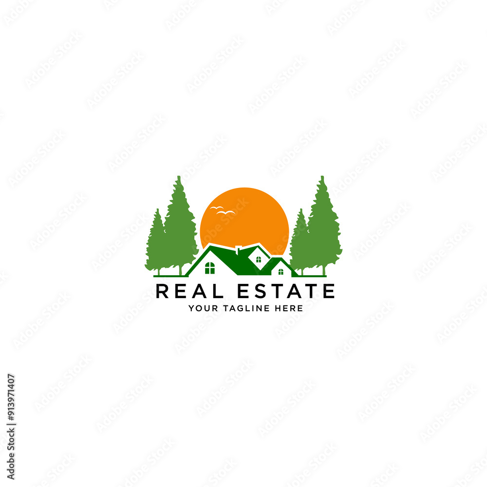 Home vector logo template with pine trees and sun background Home vector logo template with pine trees and sun background