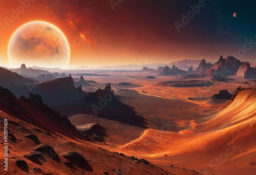 Mars-like Desert Landscape with Red Planet Rising