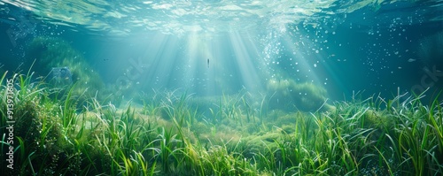 Serene underwater grassy meadow teeming with life, 4K hyperrealistic photo