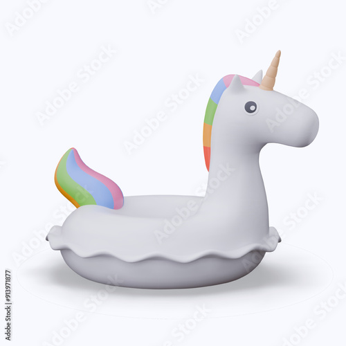 Inflatable unicorn circle, side view. Funny accessory for swimming