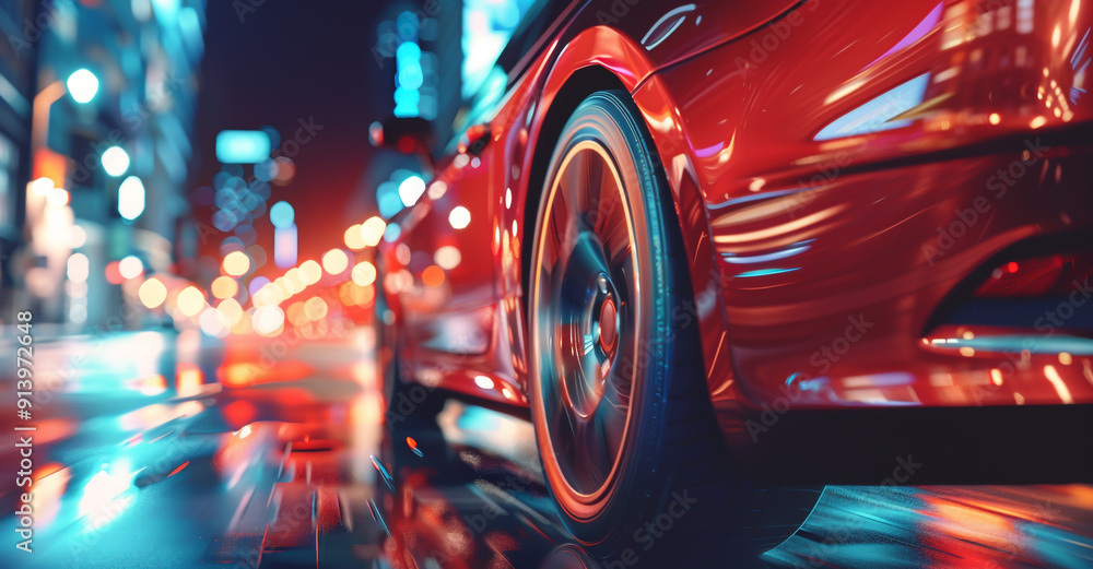 A closeup of the wheels of a red car speeding on the road A closeup of the wheels of a red car speeding on the road