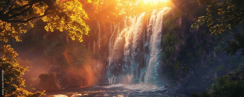 Fototapeta premium Powerful waterfall illuminated by the warm glow of the setting sun, 4K hyperrealistic photo
