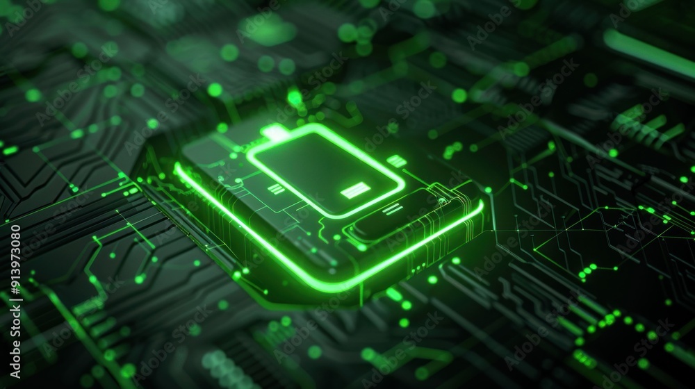 Neon green microchip on a dark circuit board background with glowing patterns and intricate digital details Neon green microchip on a dark circuit board background with glowing patterns and intricate digital details