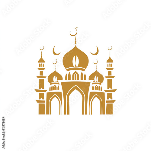 Golden Mosque Silhouette with Crescent Moons, generative ai image