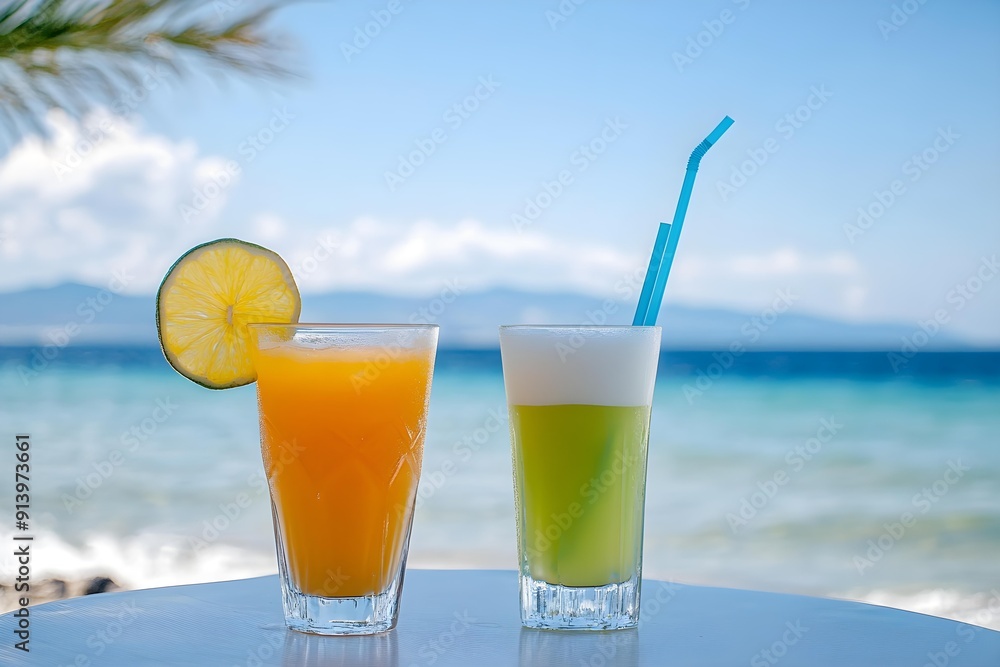 Obraz premium Juice and cocktail with the sea in the background