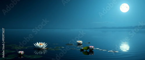 Full Moon Reflection in Water with Tranquil Water Lily  in Sharad Purnima photo