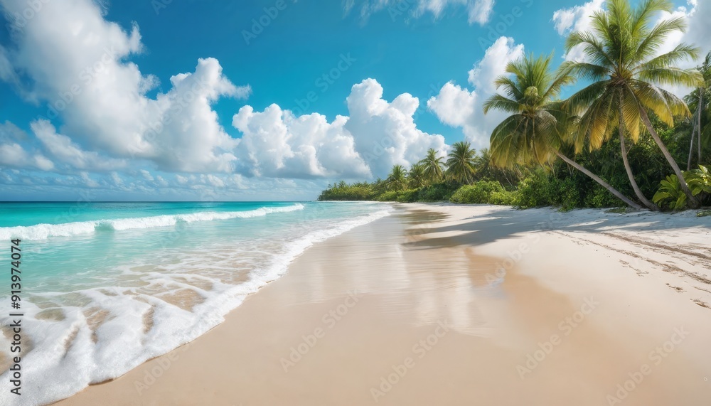 Serene tropical beach with palm trees and clear blue waters Serene tropical beach with palm trees and clear blue waters
