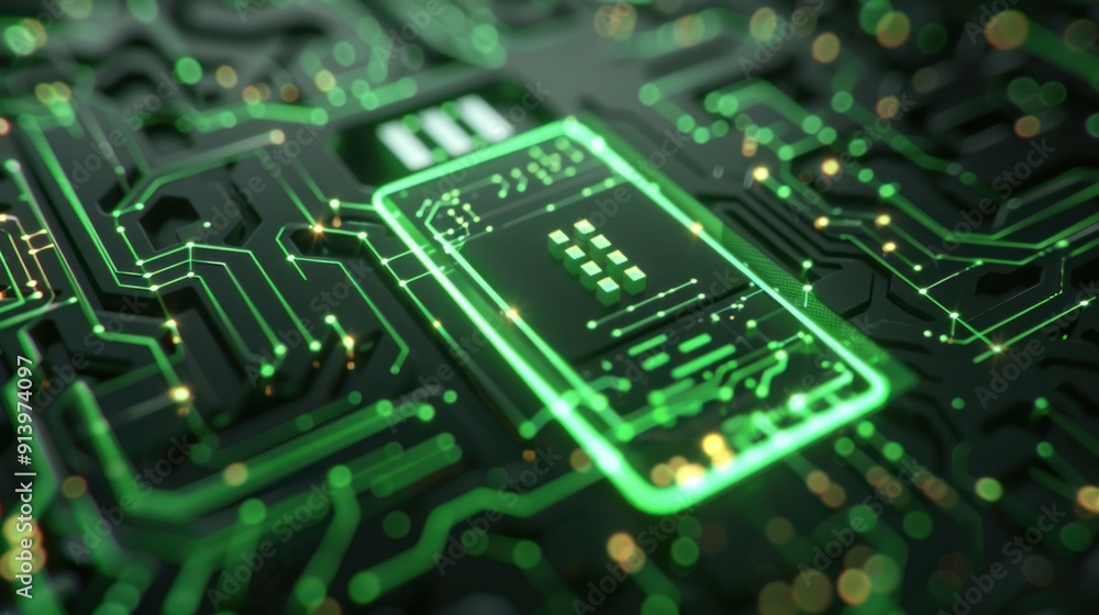 Abstract green circuit board with a glowing smartphone icon in the center, showcasing technology and innovation Abstract green circuit board with a glowing smartphone icon in the center, showcasing technology and innovation