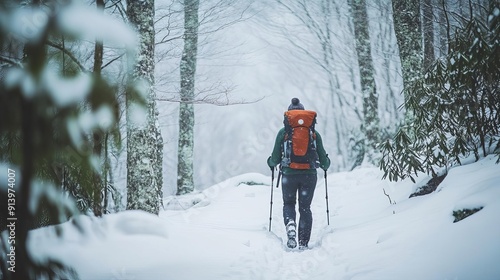 A solo adventurer hiking through the snowy trails of the Canadian Rockies, surrounded by pristine nature