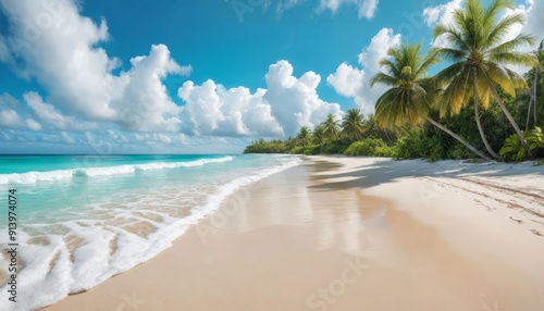 Serene tropical beach with palm trees and clear blue waters