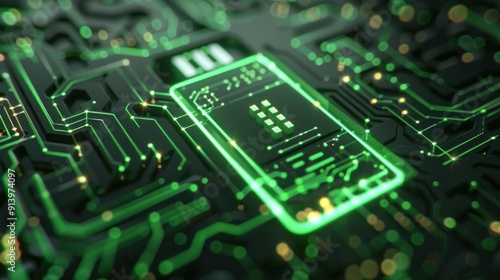 Abstract green circuit board with a glowing smartphone icon in the center, showcasing technology and innovation